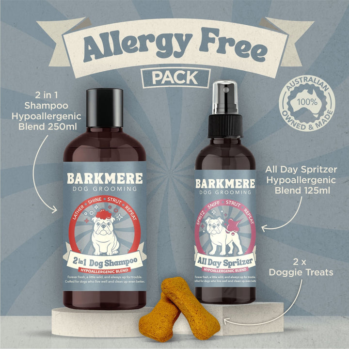 Allergy Free Pack graphic labelling the 250ml shampoo, 125ml spritzer and two treats, with an Australian made badge