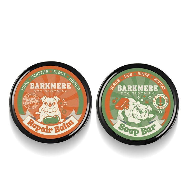 Two Barkmere tins side by side: the orange Repair Balm lid and the green 100ml Soap Bar lid