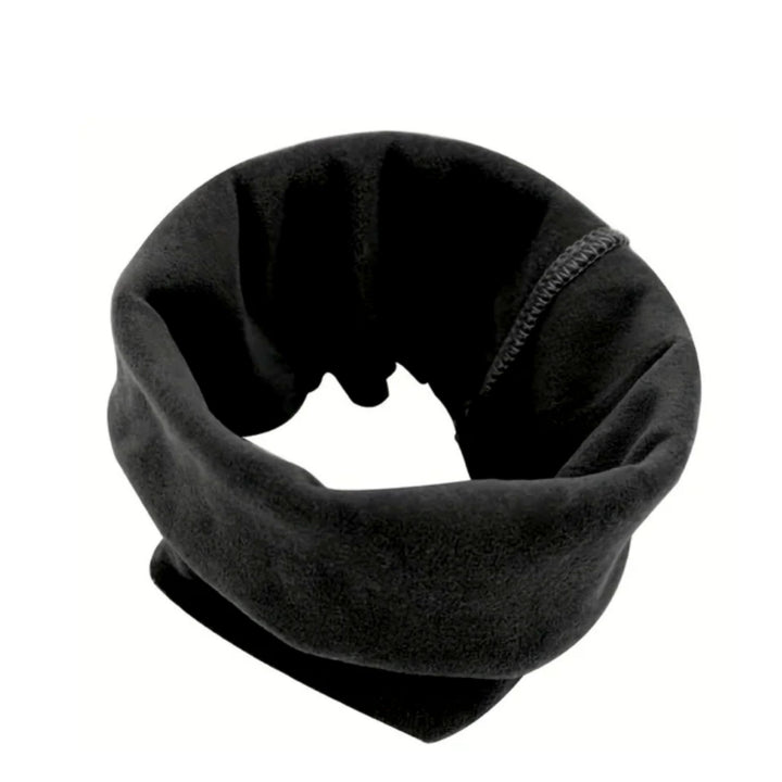 Black fleece ear and head cover, a soft stretchy snood tube, shown flat on a white background