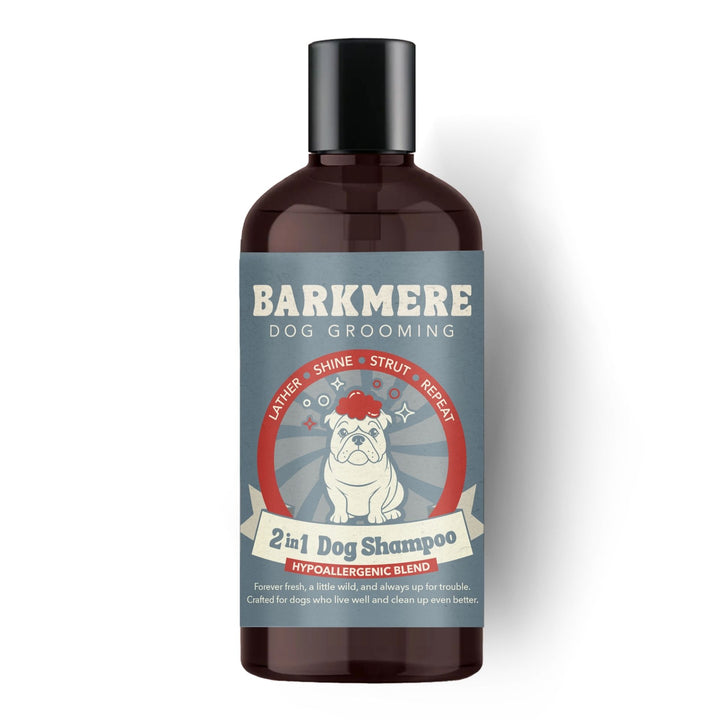 Barkmere 2 in 1 Dog Shampoo Hypoallergenic Blend in an amber bottle with a slate blue bulldog label