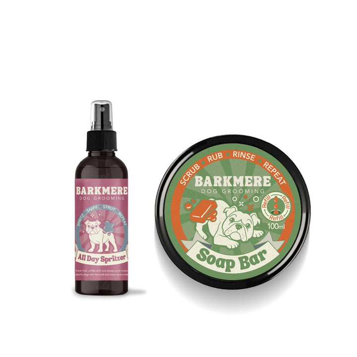 The pink-labelled All Day Spritzer bottle next to the green 100ml Soap Bar tin on a white background