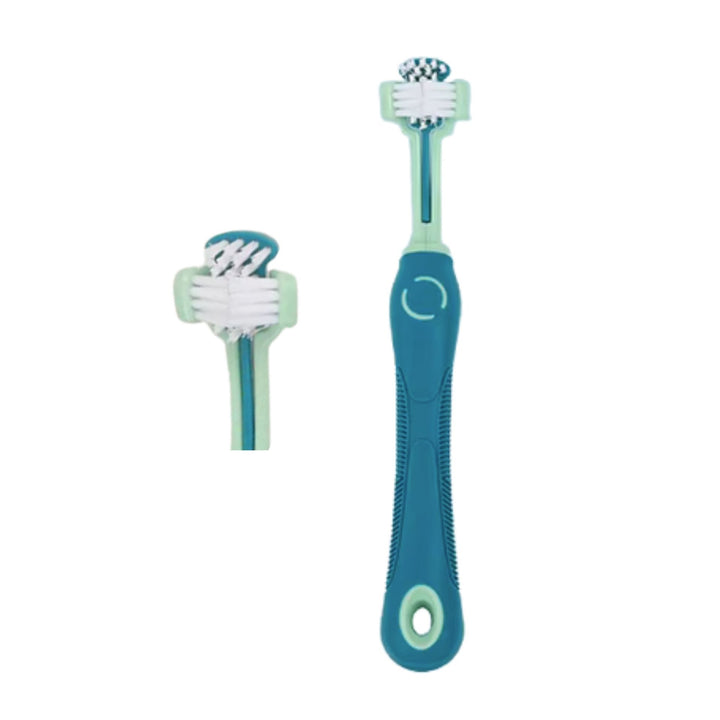 Teal three-sided dog toothbrush with a rubber grip handle, shown with a close-up of the bristle head