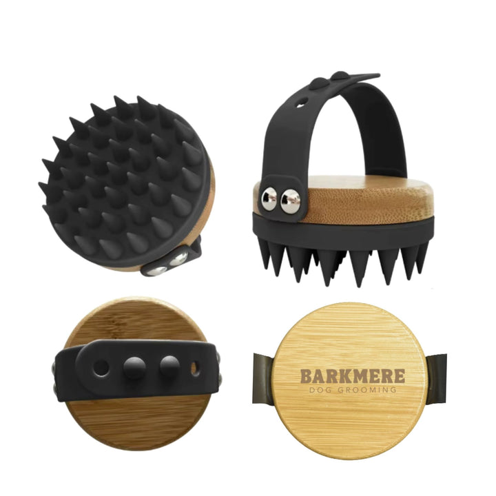 Four views of the bamboo wash brush: soft silicone spikes, timber back and adjustable hand strap