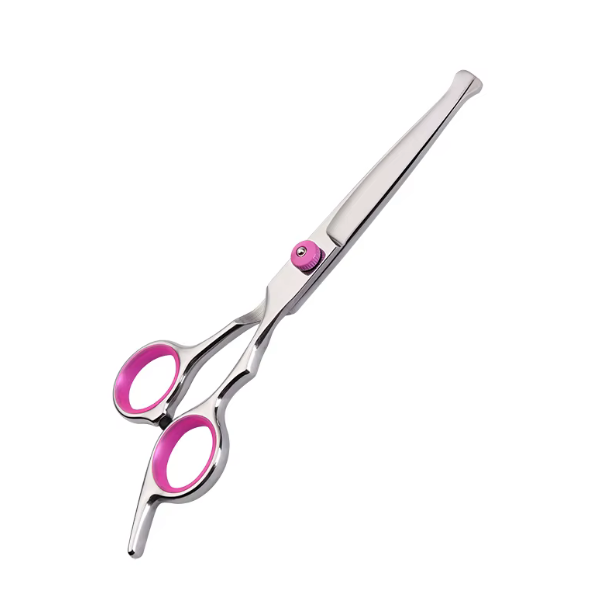 Straight stainless grooming scissors with pink rubber finger inserts and a pink tension screw