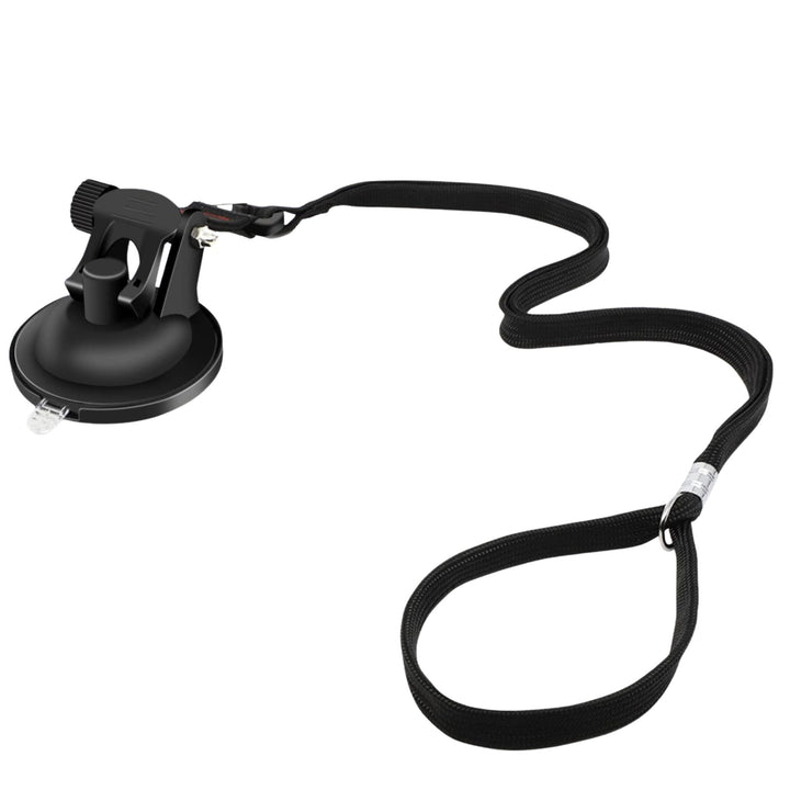 Black bath harness with a suction cup mount and an adjustable nylon strap looped on a white background