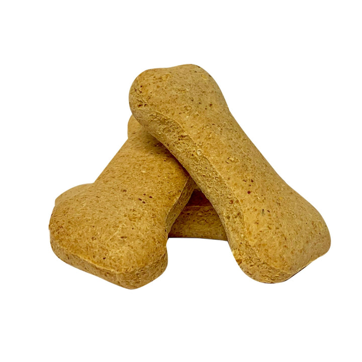 Two golden bone-shaped Cheese and Bacon biscuit treats stacked on a plain white background