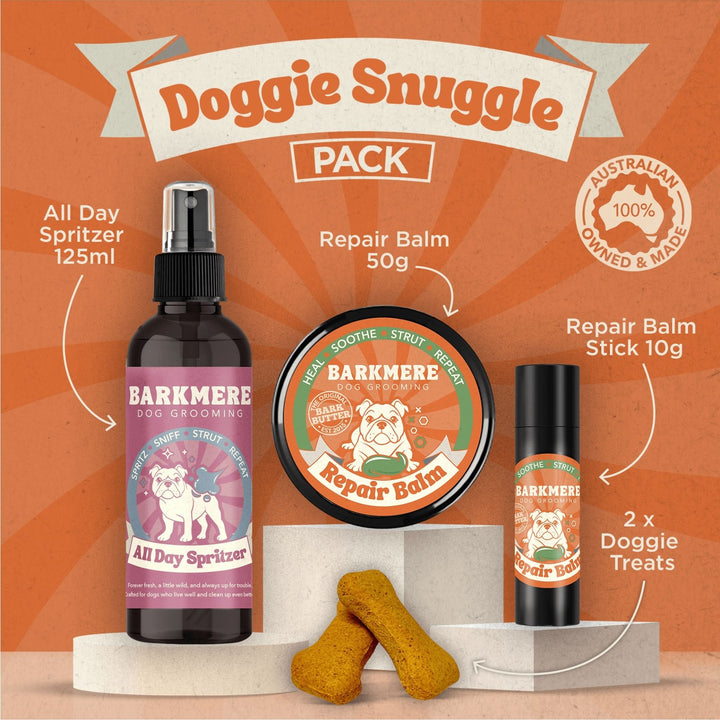 Doggie Snuggle Pack graphic labelling the 125ml spritzer, 50g balm tin, 10g balm stick and two treats
