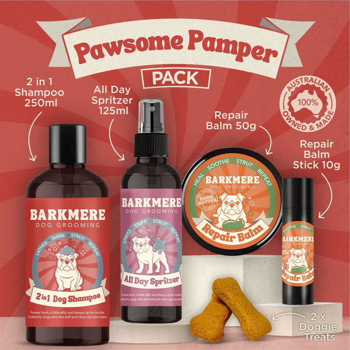 Pawsome Pamper Pack graphic labelling the 250ml shampoo, 125ml spritzer, 50g balm, balm stick and treats