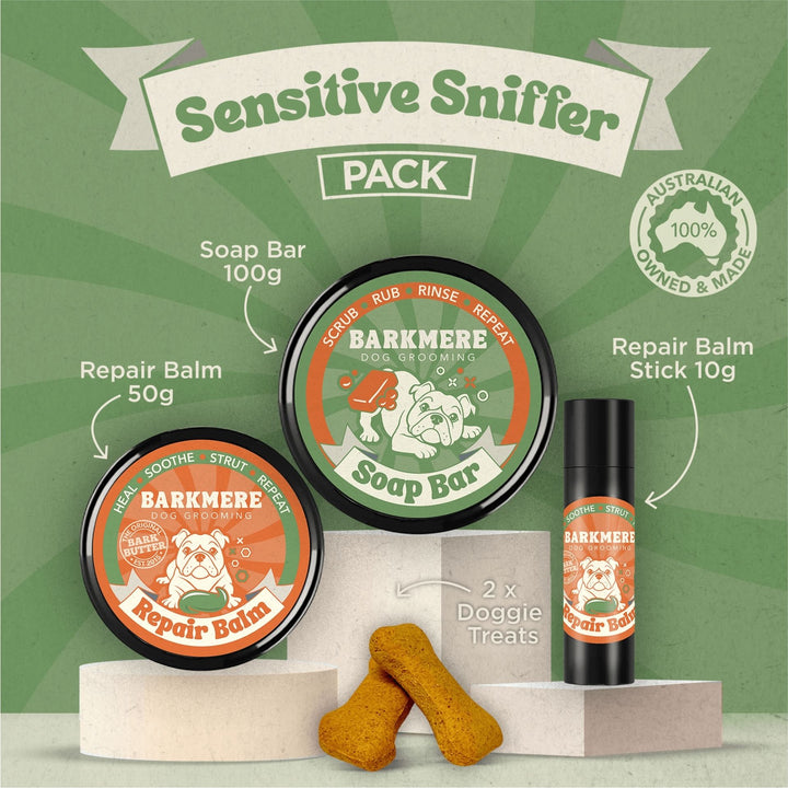 Sensitive Sniffer Pack graphic on green labelling the 100g Soap Bar, 50g balm, 10g balm stick and treats