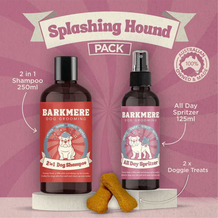 Splashing Hound Pack graphic on pink labelling the 250ml shampoo, 125ml spritzer and two treats