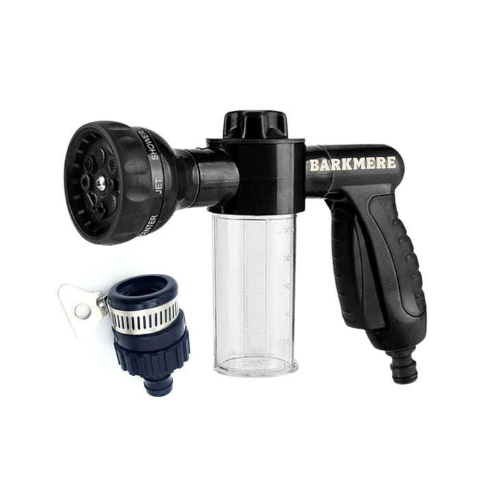 Black Barkmere SudsMate hose gun with a clear soap reservoir, multi-spray head and tap adaptor